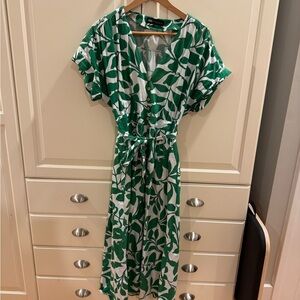 Zara Green and White Leaf Print Midi Dress